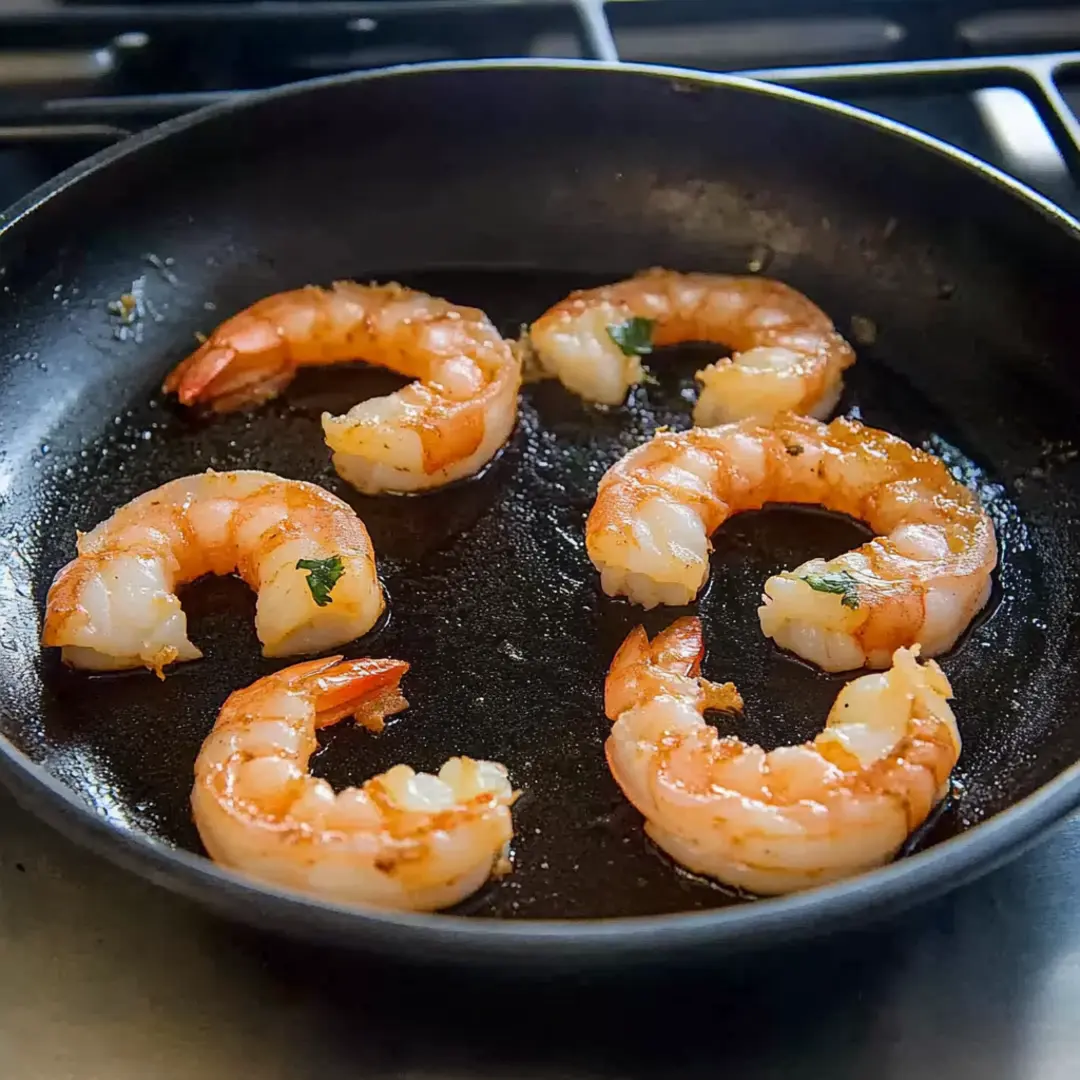 Sautéed Shrimp for Quesadilla Preparation Shrimp cooking in a skillet with a golden sear, perfect for a shrimp quesadilla filling.