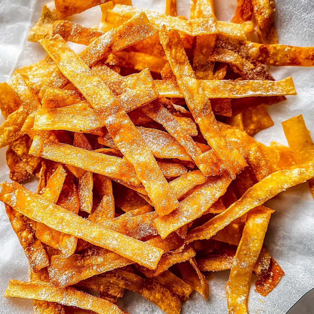 Crispy homemade tortilla strips, golden brown and lightly dusted with seasoning, served on parchment paper.