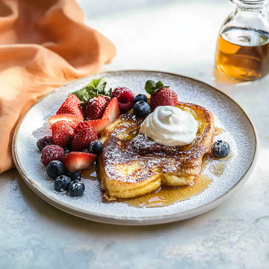 Golden-brown croissant French toast topped with whipped cream, fresh berries, and maple syrup.