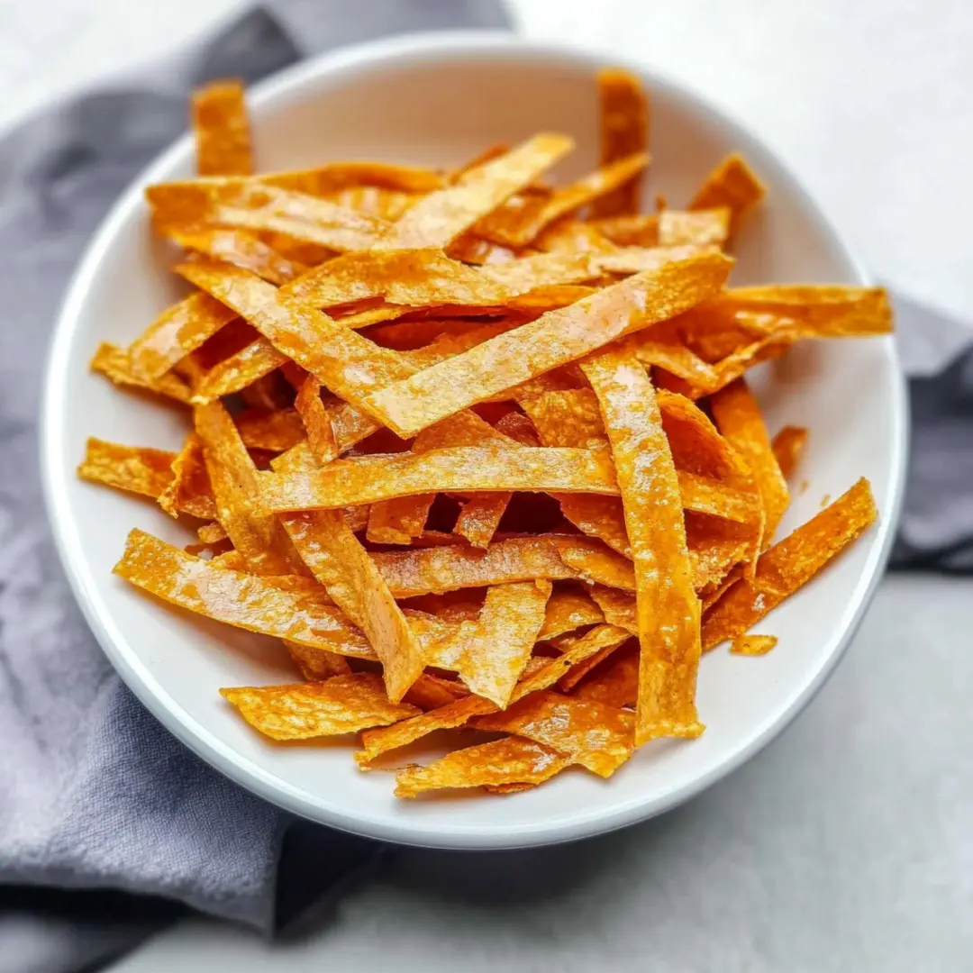 Homemade Crispy Tortilla Strips Crispy golden tortilla strips served in a white bowl, perfect for topping soups, salads, or snacking.