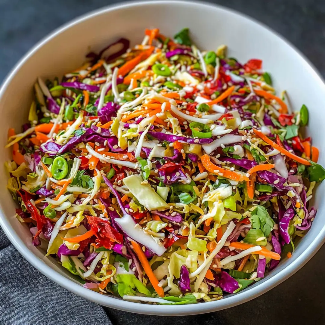 Vibrant Asian chopped salad with shredded cabbage, carrots, green onions, sesame seeds, and a light dressing.