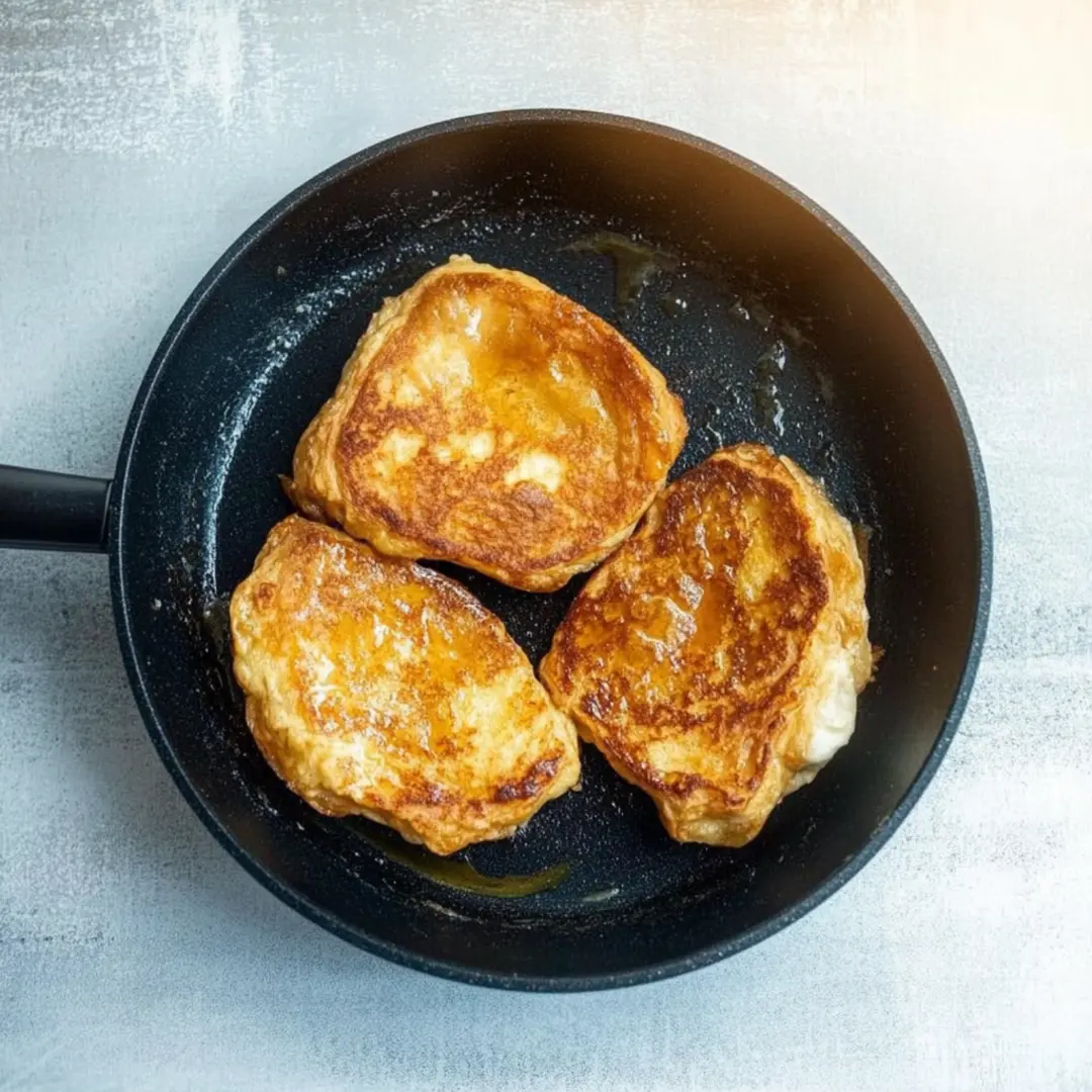 Making Croissant French Toast – Golden and Crispy Golden-brown croissant French toast cooking in a black skillet with melted butter.