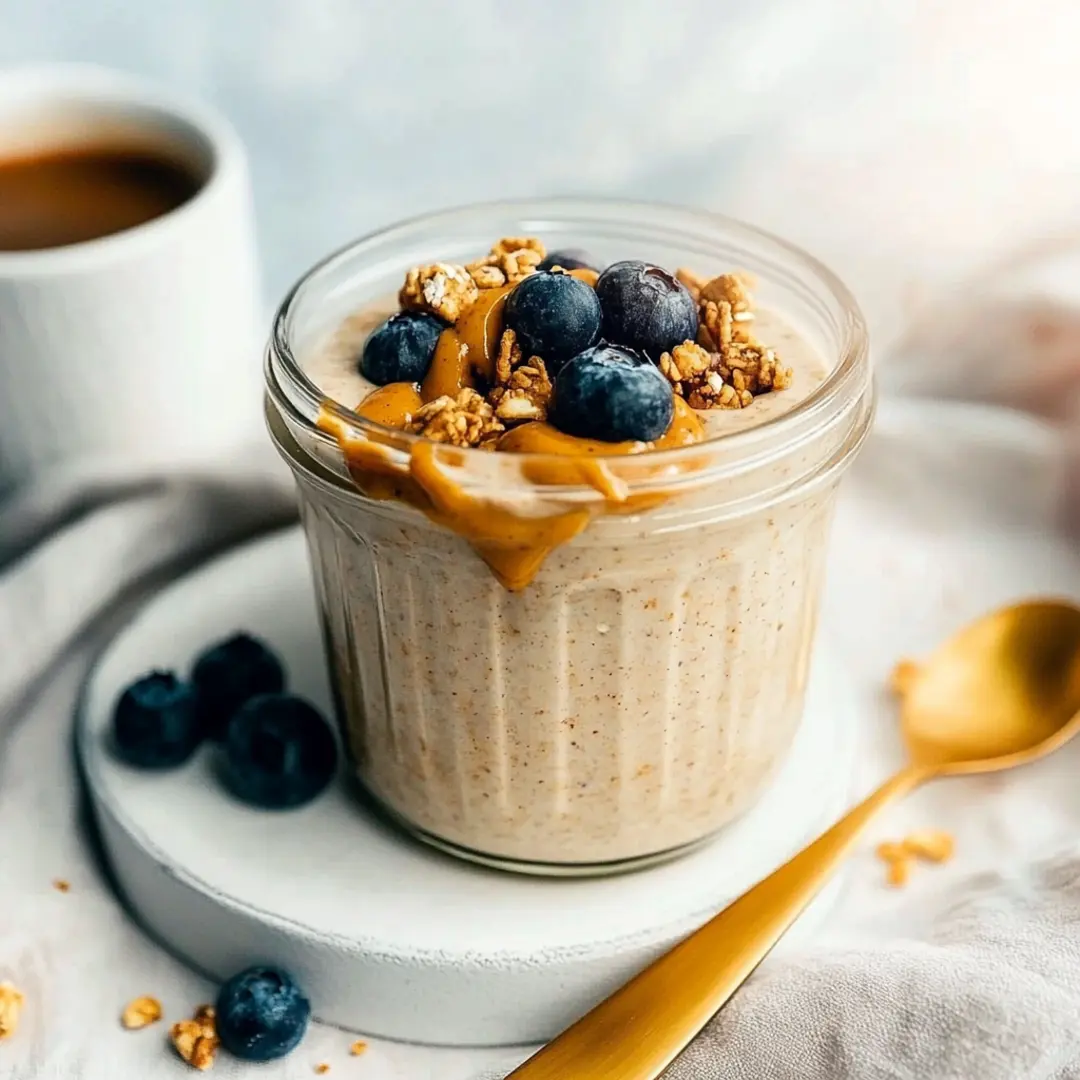 A jar of creamy blended overnight oats topped with blueberries, granola, and a drizzle of peanut butter, served on a white plate with a cup of coffee in the background.