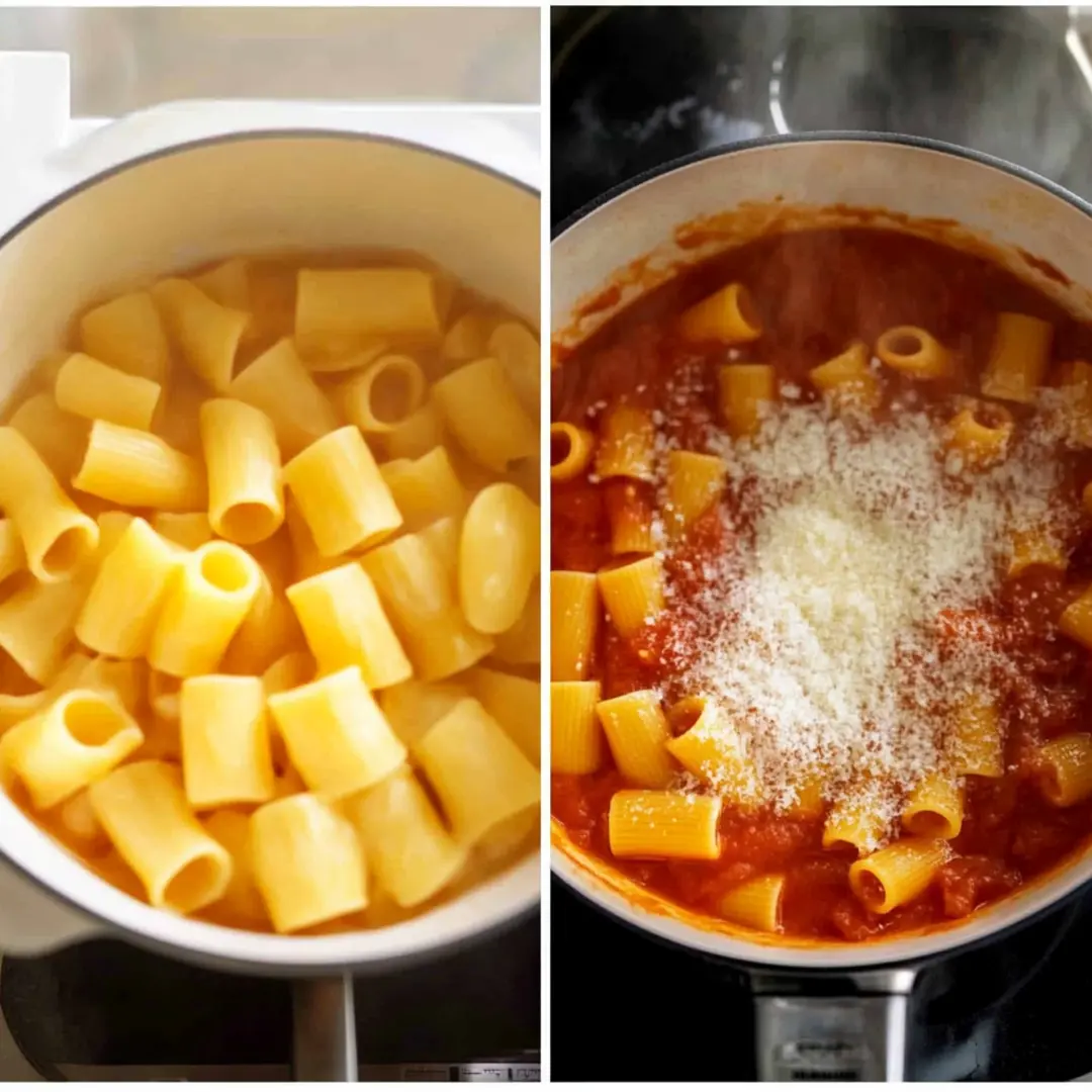 Burrata Pasta – Perfectly Cooked Rigatoni in a Rich Tomato Sauce Rigatoni pasta boiling in a pot on the left, and on the right, pasta mixed into a rich tomato sauce with a generous sprinkle of grated cheese.