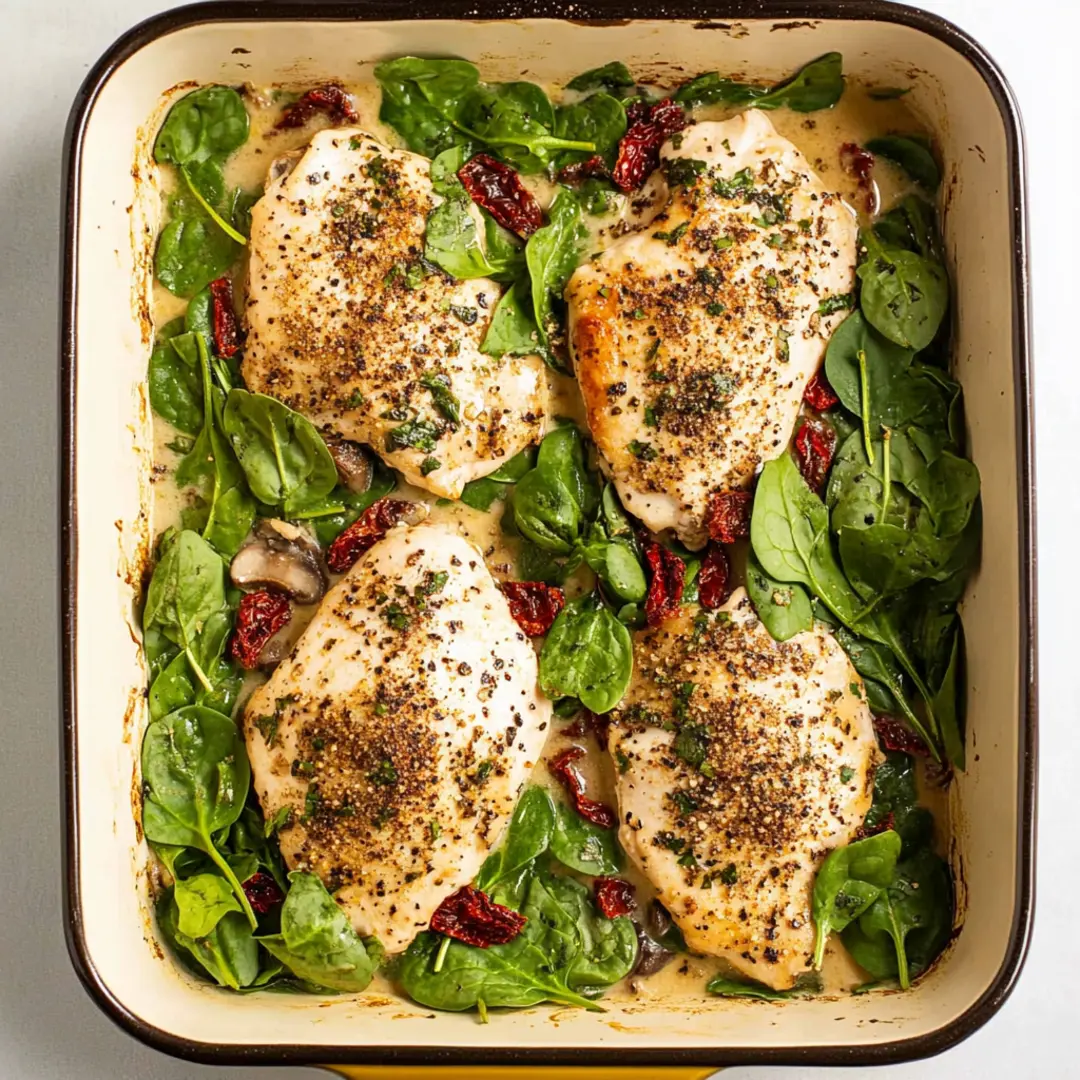 Baked Tuscan Chicken – A Creamy Spinach & Sun-Dried Tomato Delight Baked Tuscan Chicken in a creamy sauce with sun-dried tomatoes, fresh spinach, and mushrooms in a casserole dish.
