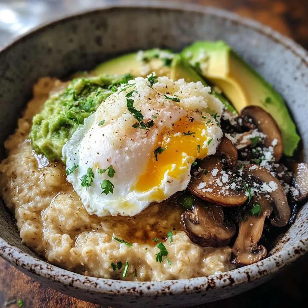savory-oatmeal-bowl Savory oatmeal bowl with egg, avocado, and cheese.