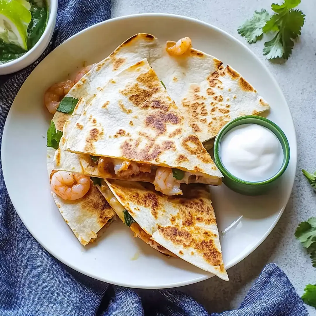 Shrimp Quesadilla with Sour Cream Dip Shrimp quesadilla wedges served with sour cream on a white plate, accompanied by lime and cilantro.