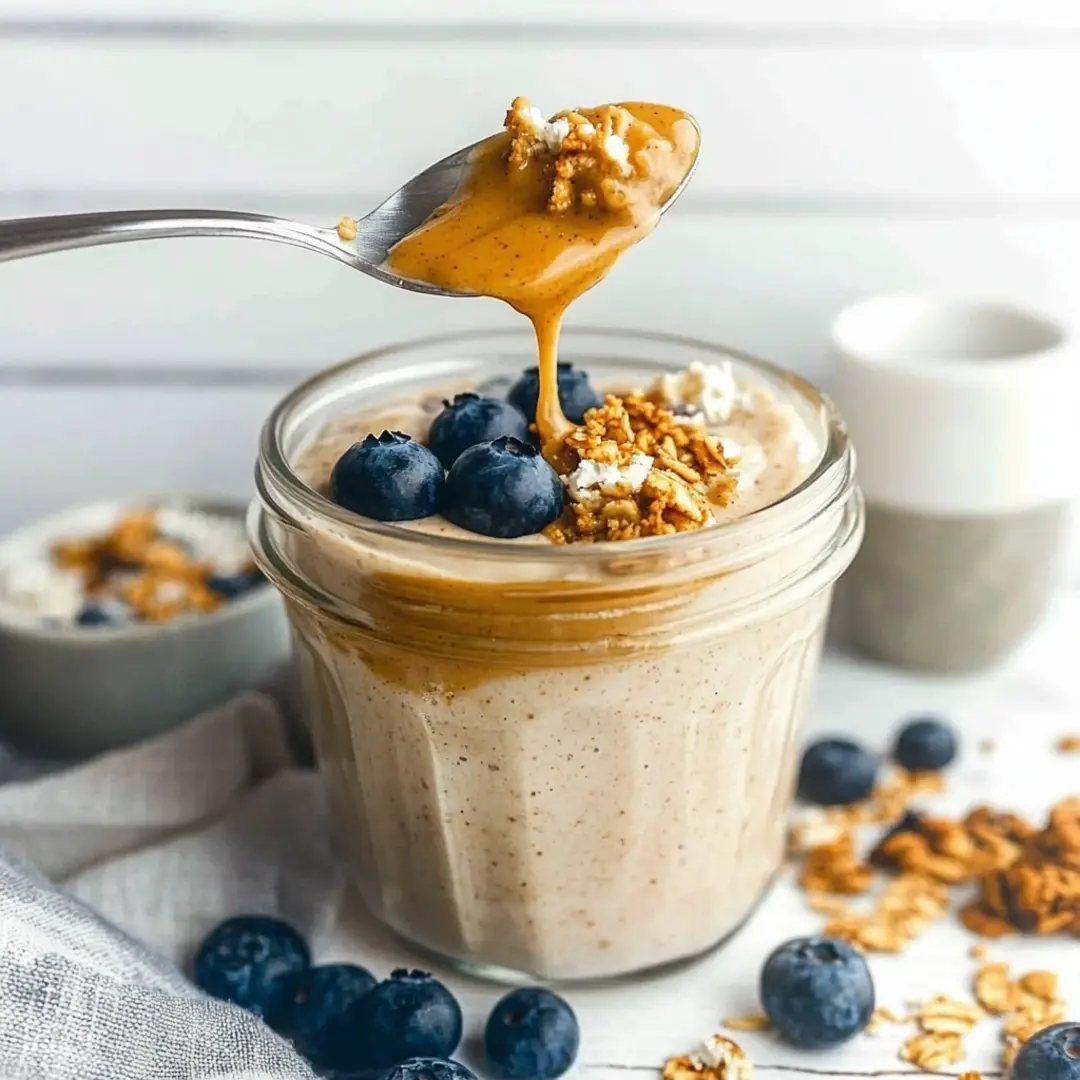 Creamy Blended Overnight Oats with Blueberries and Peanut Butter A jar of creamy blended overnight oats topped with blueberries, granola, and a drizzle of peanut butter, with a spoon lifting a rich, nutty bite.