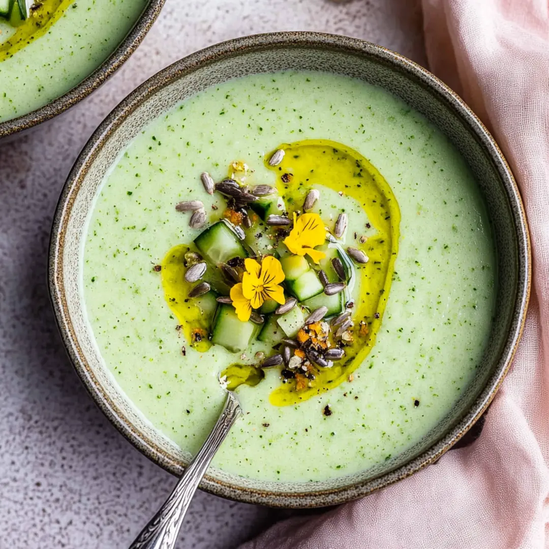 A bowl of creamy cucumber gazpacho garnished with diced cucumber, sunflower and pumpkin seeds, edible yellow flowers, and a drizzle of olive oil.