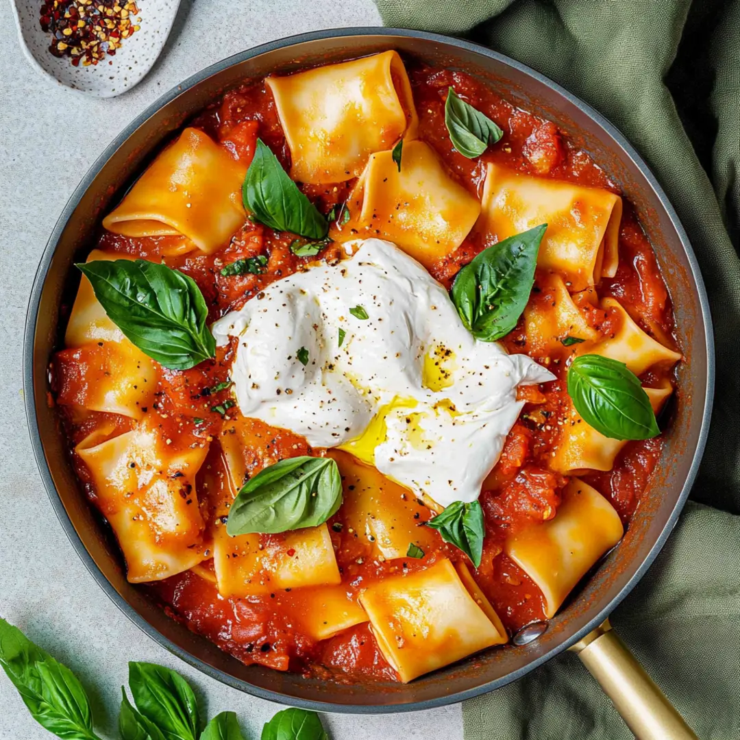 Burrata Pasta with Paccheri & Tomato Sauce – A Creamy Italian Delight Rich and creamy burrata pasta with paccheri noodles in a vibrant tomato sauce, garnished with fresh basil and a drizzle of olive oil.