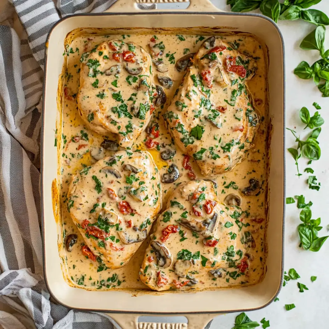 Creamy Baked Tuscan Chicken – A Rich & Flavorful Italian Dish Golden-baked Tuscan Chicken smothered in a creamy garlic parmesan sauce with sun-dried tomatoes, mushrooms, and fresh parsley.