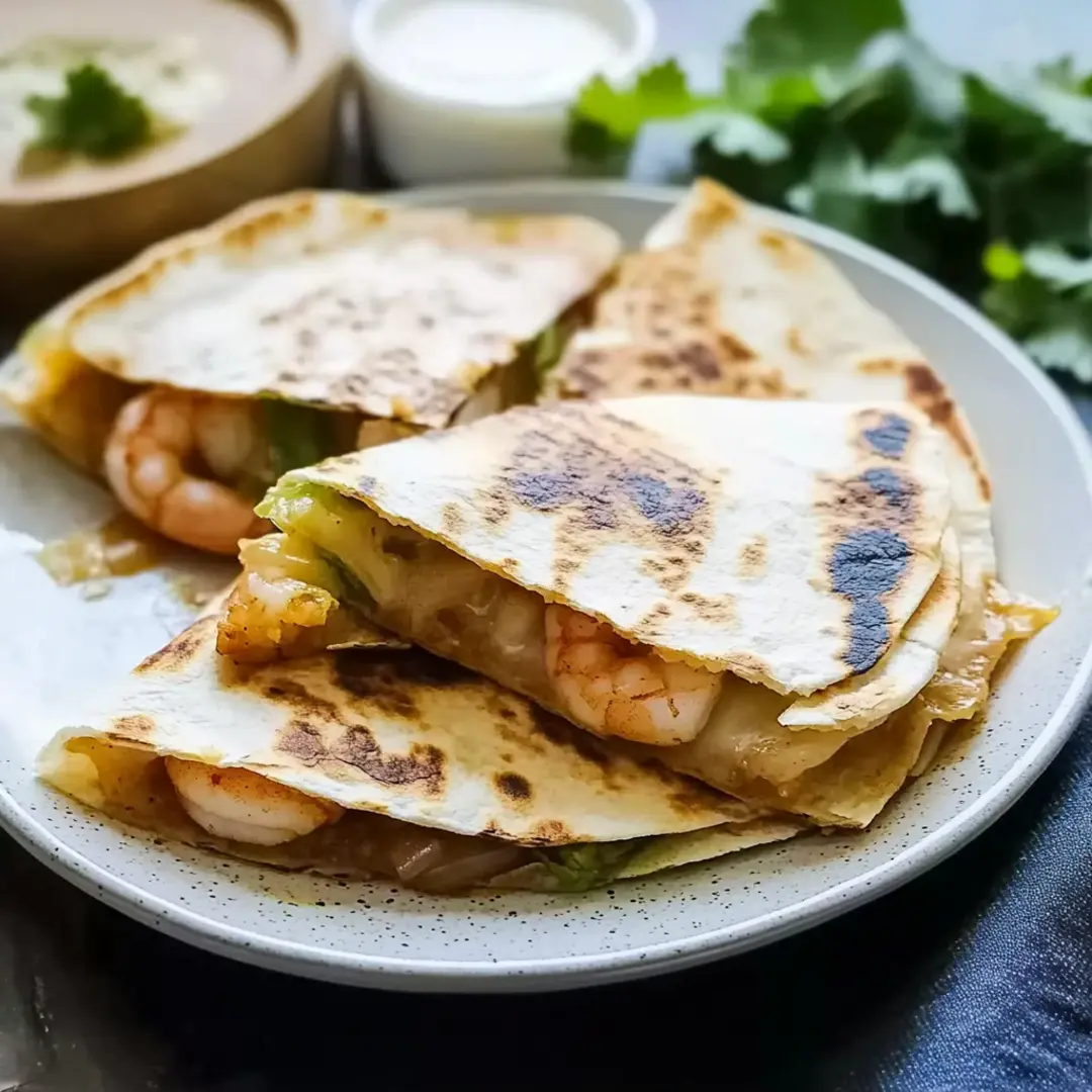 Close-up of shrimp quesadilla slices on a plate with melted cheese and fresh cilantro garnish." Title: "Irresistible Shrimp Quesadilla Slices