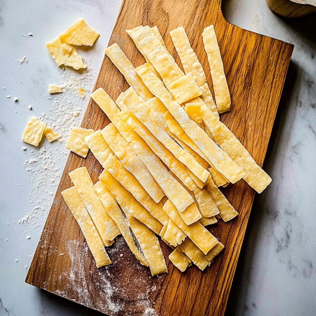 Homemade Unbaked Tortilla Strips Freshly cut unbaked tortilla strips on a wooden cutting board, dusted with flour, ready for frying or baking.