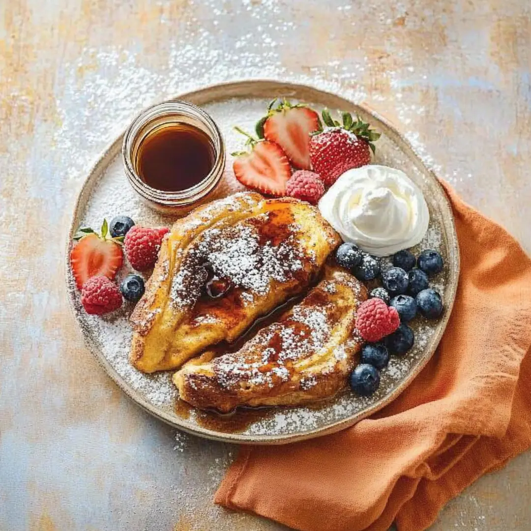 Croissant French Toast – A Decadent Breakfast Delight Golden croissant French toast dusted with powdered sugar, served with fresh berries, whipped cream, and maple syrup.