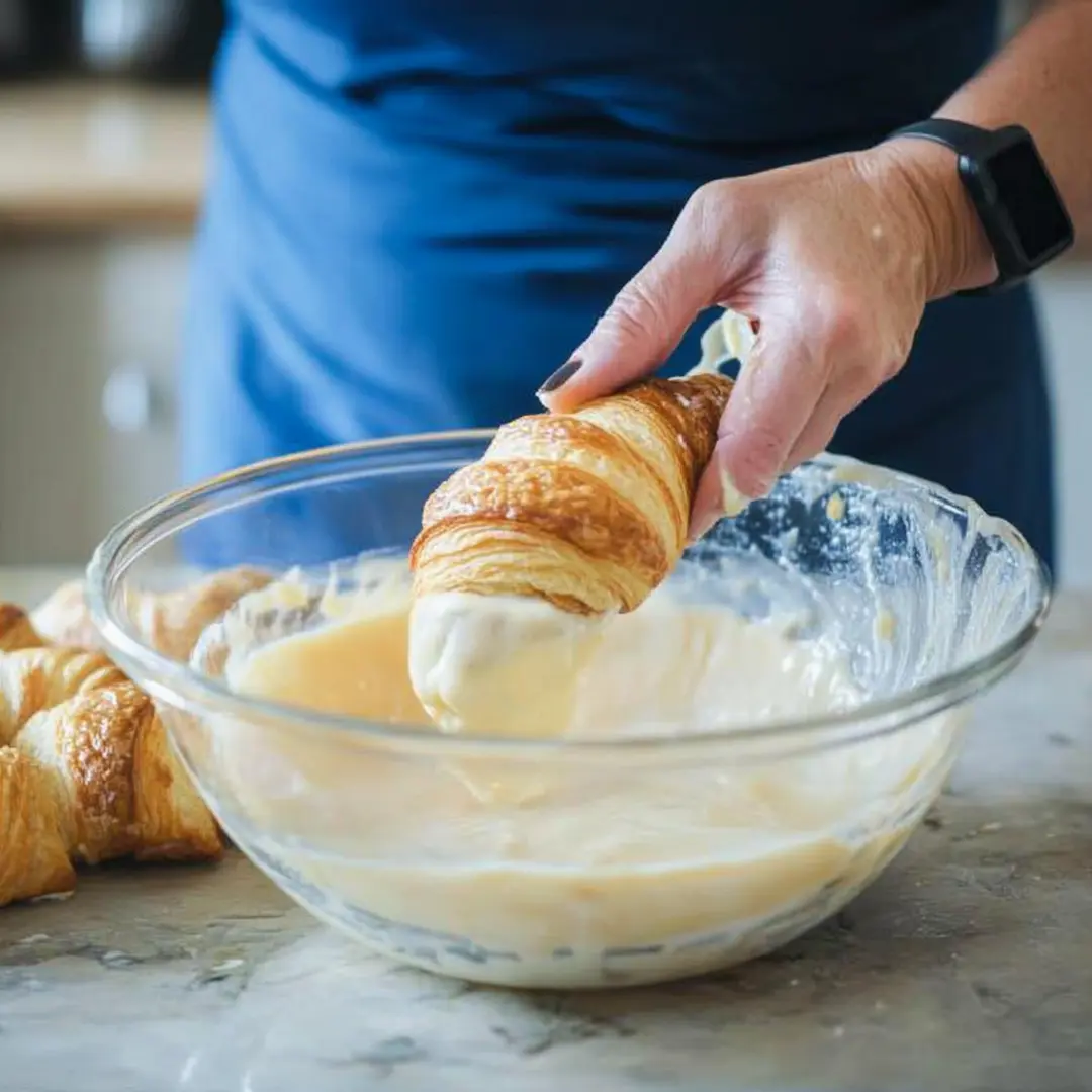 Prepping Croissant French Toast – A Buttery Delight Hand dipping a croissant into a creamy French toast batter in a glass bowl.