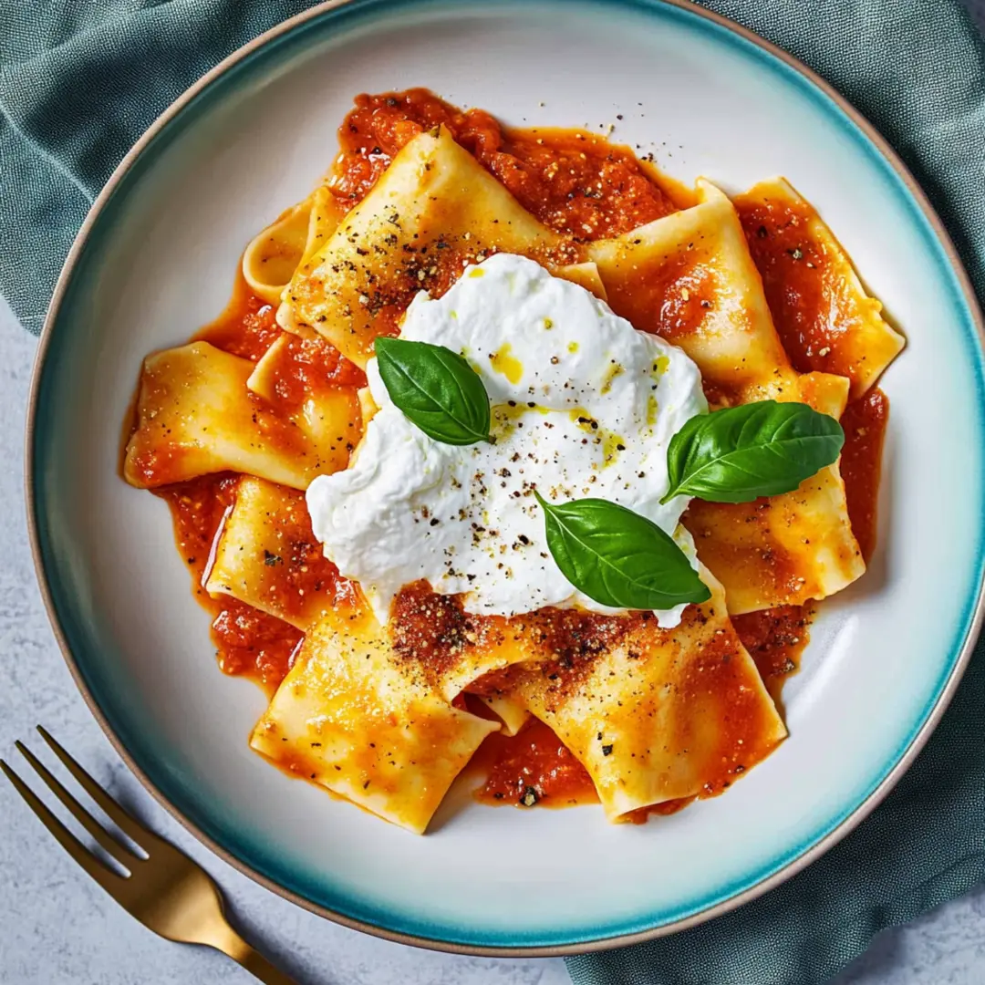 A plate of paccheri pasta coated in a rich tomato sauce, topped with creamy burrata, fresh basil leaves, and a drizzle of olive oil.