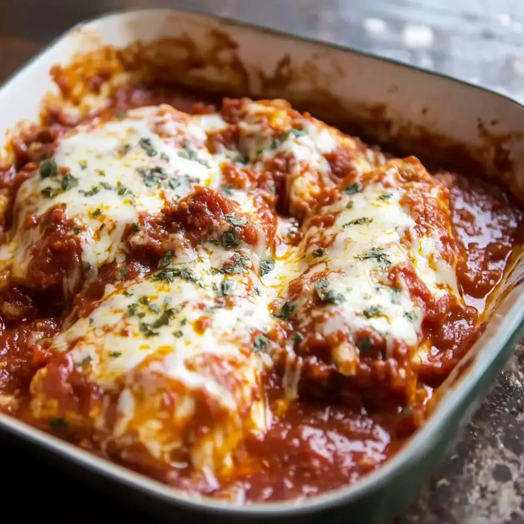 "Cheesy baked chicken marinara with rich tomato sauce and fresh herbs in a casserole dish."