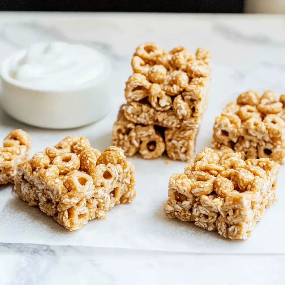 Crunchy Peanut Butter Cereal Bars Homemade peanut butter cereal bars stacked on parchment paper, served with a side of yogurt.
