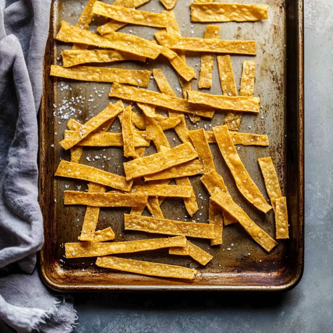 Golden Baked Tortilla Strips Crispy baked tortilla strips on a rustic baking sheet, lightly sprinkled with sea salt.