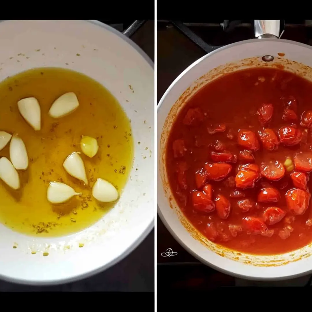 Burrata Pasta Sauce – Slow-Simmered Garlic & Tomato Perfection Step-by-step preparation of Burrata Pasta sauce, showing garlic cloves sizzling in olive oil and cherry tomatoes simmering into a rich tomato sauce.