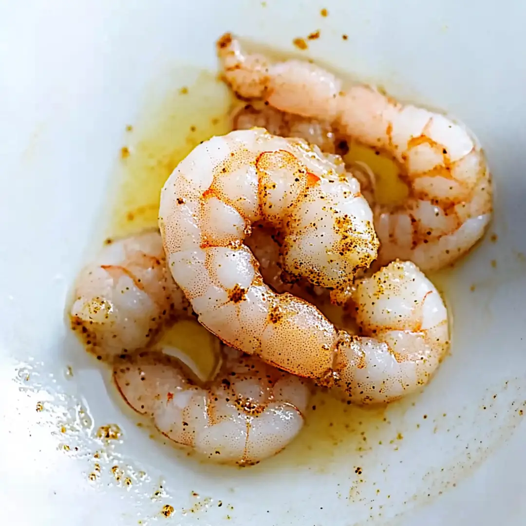 Freshly Seasoned Shrimp for Quesadilla Preparation Seasoned shrimp marinated in spices and olive oil, ready for shrimp quesadilla preparation.