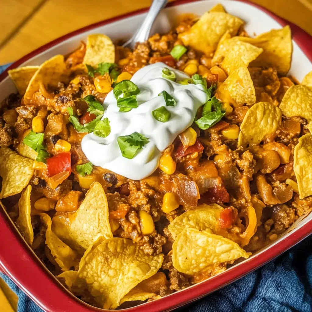 Walking taco casserole topped with sour cream, green onions, and crispy tortilla chips in a red baking dish.