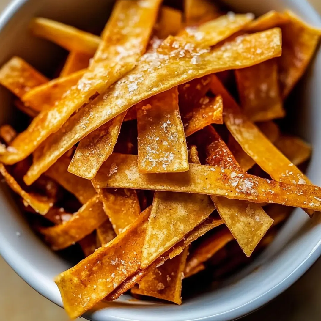 Crispy Homemade Tortilla Strips with Sea Salt Crispy golden tortilla strips in a white bowl, sprinkled with sea salt for extra crunch.