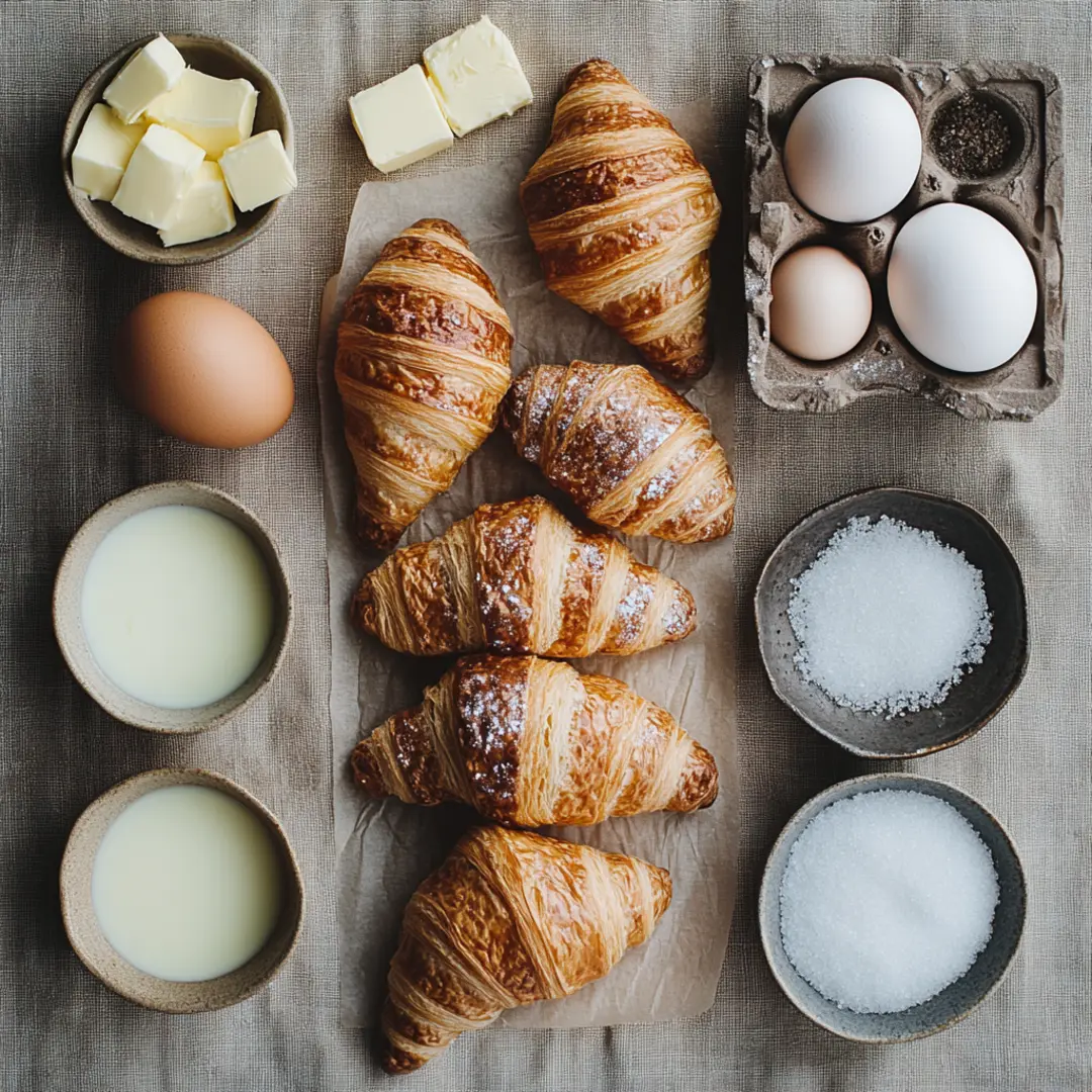 Croissant French Toast Ingredients – A Buttery Indulgence Flat lay of croissants, eggs, butter, milk, and sugar arranged on a neutral linen background.