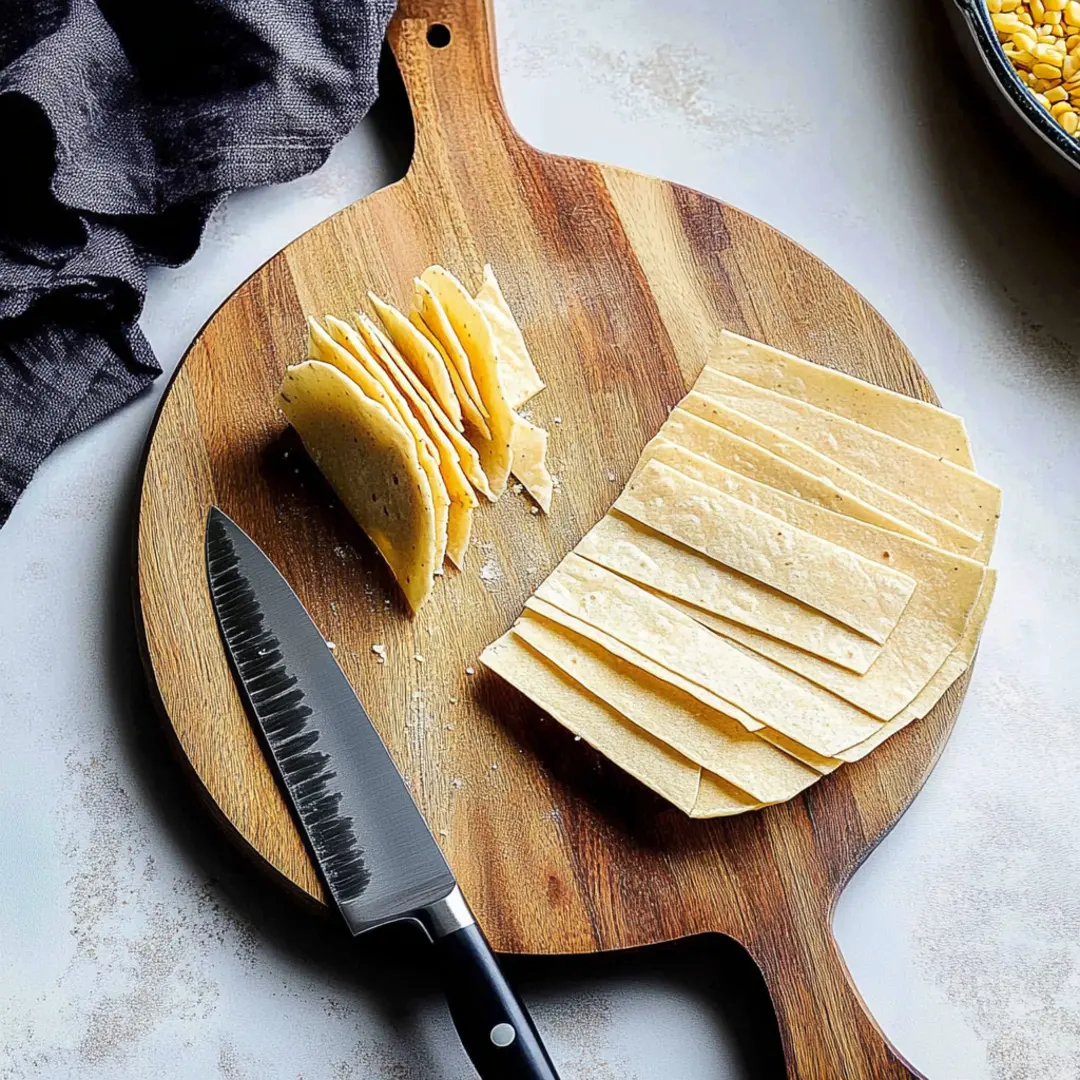 Slicing Tortillas for Homemade Chips or Strips Freshly sliced tortillas on a wooden cutting board with a sharp knife, ready for frying or baking.