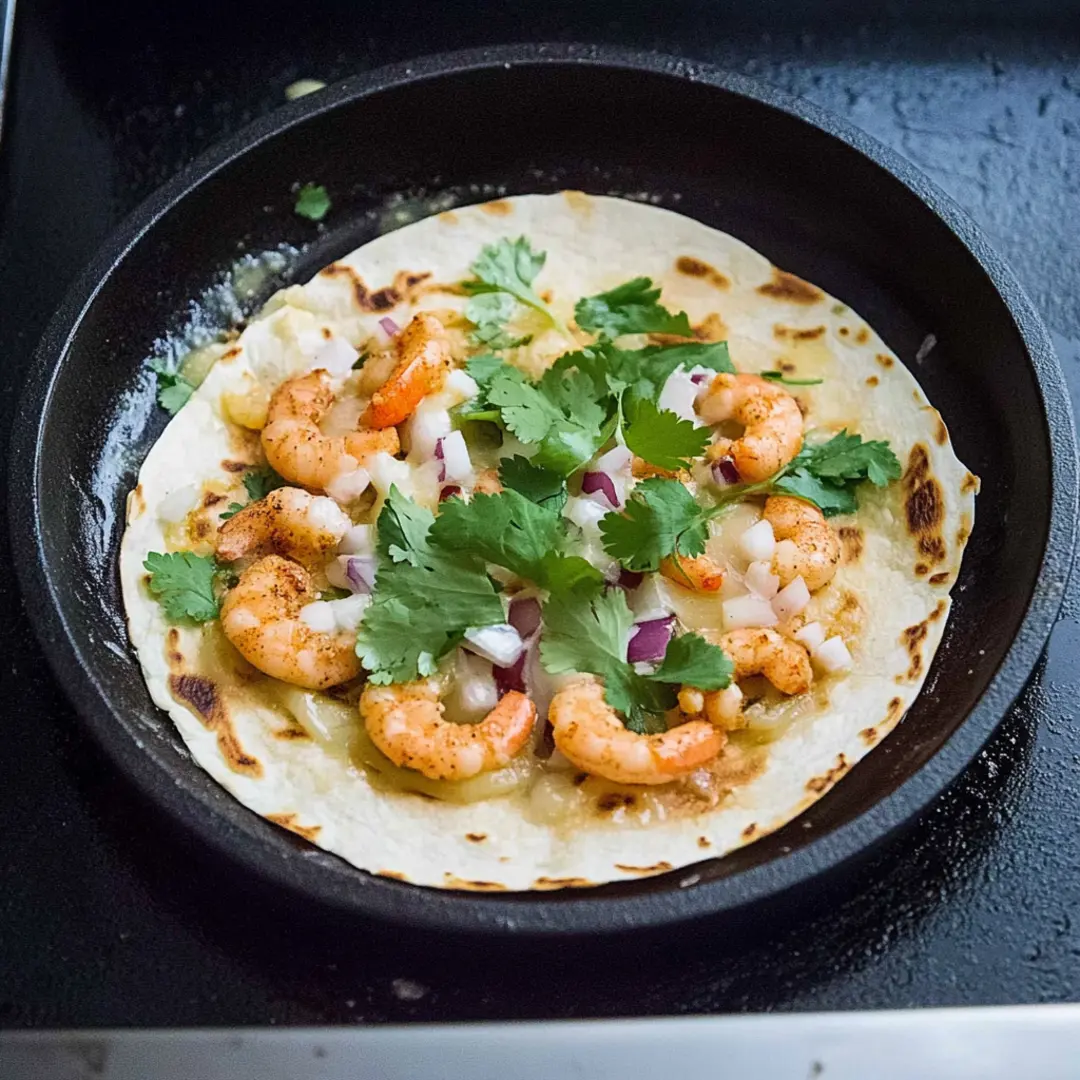 Flavorful Shrimp Quesadilla in Preparation Shrimp quesadilla in a skillet, filled with seasoned shrimp, melted cheese, onions, and fresh cilantro.
