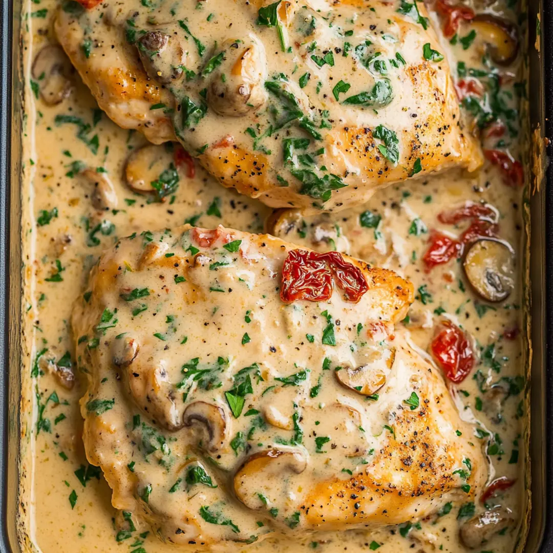 Baked Tuscan Chicken – Creamy, Flavorful, and Easy to Make A creamy Baked Tuscan Chicken dish in a casserole, featuring tender chicken breasts smothered in a garlic parmesan sauce with sun-dried tomatoes, mushrooms, and fresh herbs.