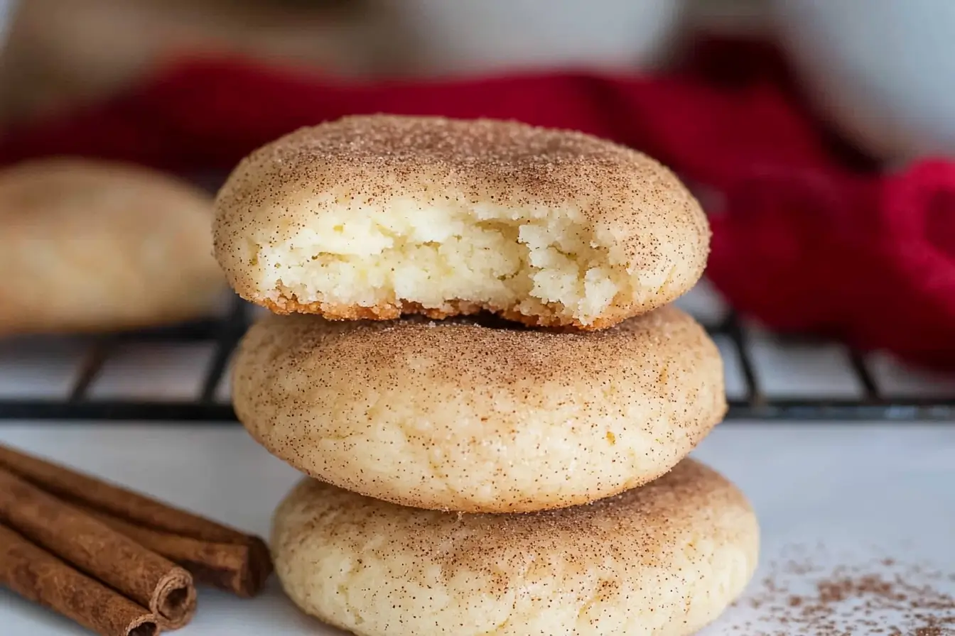 A stack of cinnamon cream cheese cookies with a bite taken out of the top cookie, showing a soft interior.