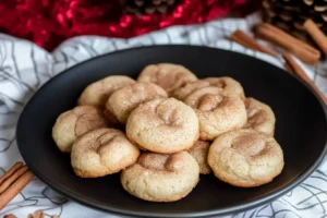 A black plate filled with cinnamon cream cheese cookies, sprinkled with cinnamon sugar and surrounded by holiday decor.