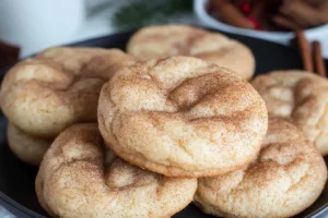 Close-up of cinnamon cream cheese cookies, with a textured top and a sprinkle of cinnamon sugar.