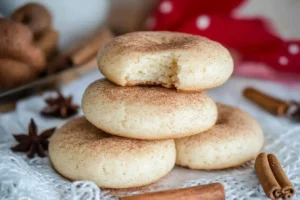 A stack of cinnamon cream cheese cookies surrounded by cinnamon sticks and festive holiday decor.